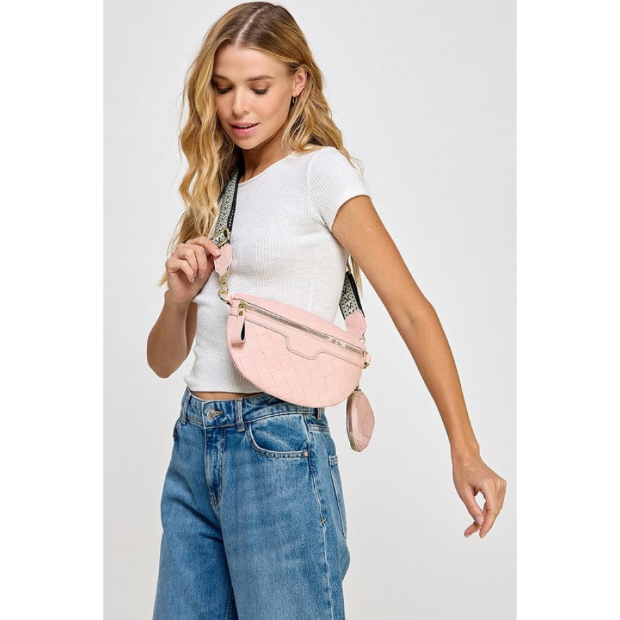 Fame PU Leather Weave Textured Crossbody Bag with Coin Purse Blush Pink / One Size Apparel and Accessories