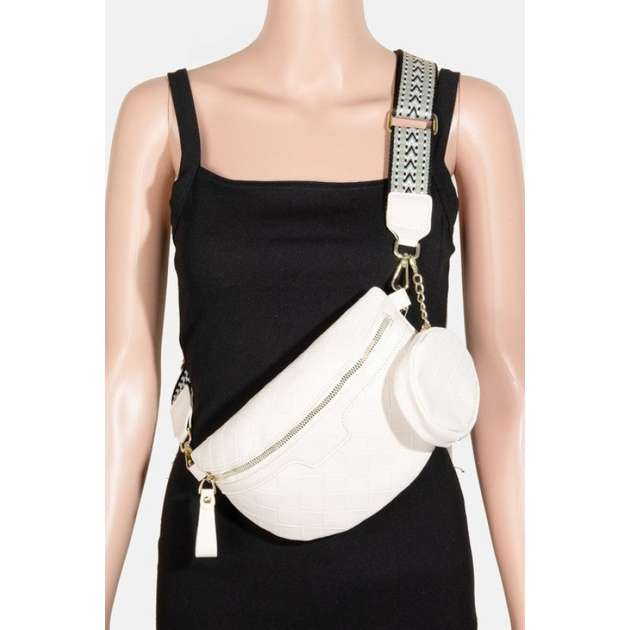 Fame PU Leather Weave Textured Crossbody Bag with Coin Purse Ivory / One Size Apparel and Accessories