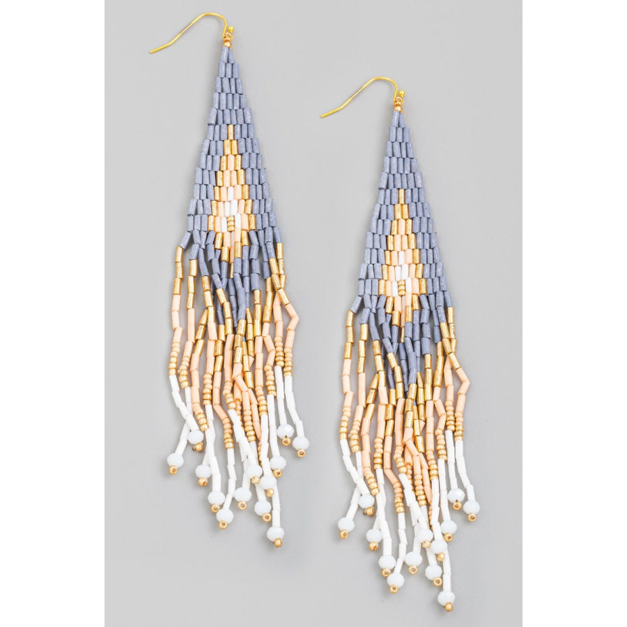 Fame Seed Beaded Fringe Drop Earrings Dusty Blue / One Size Apparel and Accessories