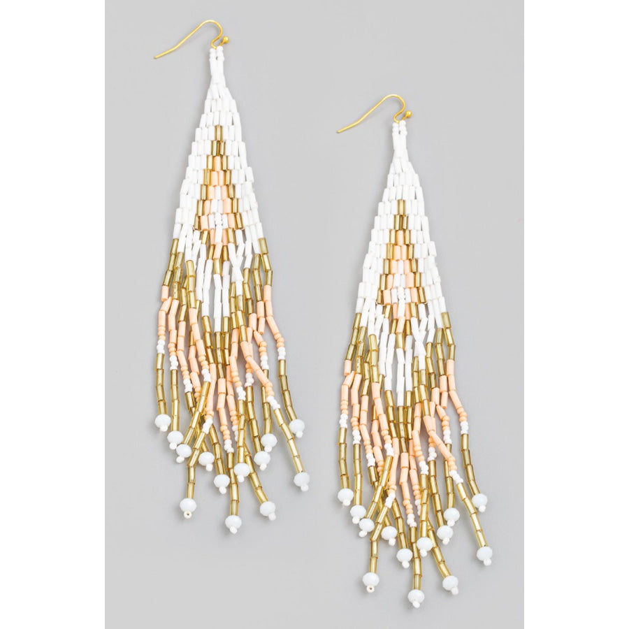 Fame Seed Beaded Fringe Drop Earrings Dusty Blue / One Size Apparel and Accessories