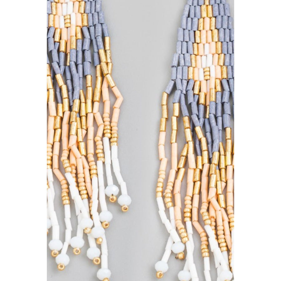 Fame Seed Beaded Fringe Drop Earrings Dusty Blue / One Size Apparel and Accessories