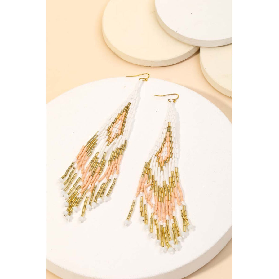 Fame Seed Beaded Fringe Drop Earrings Dusty Blue / One Size Apparel and Accessories