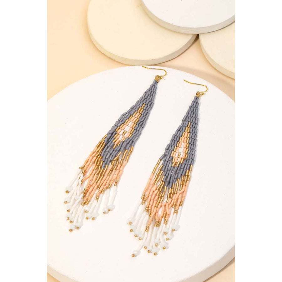 Fame Seed Beaded Fringe Drop Earrings Dusty Blue / One Size Apparel and Accessories