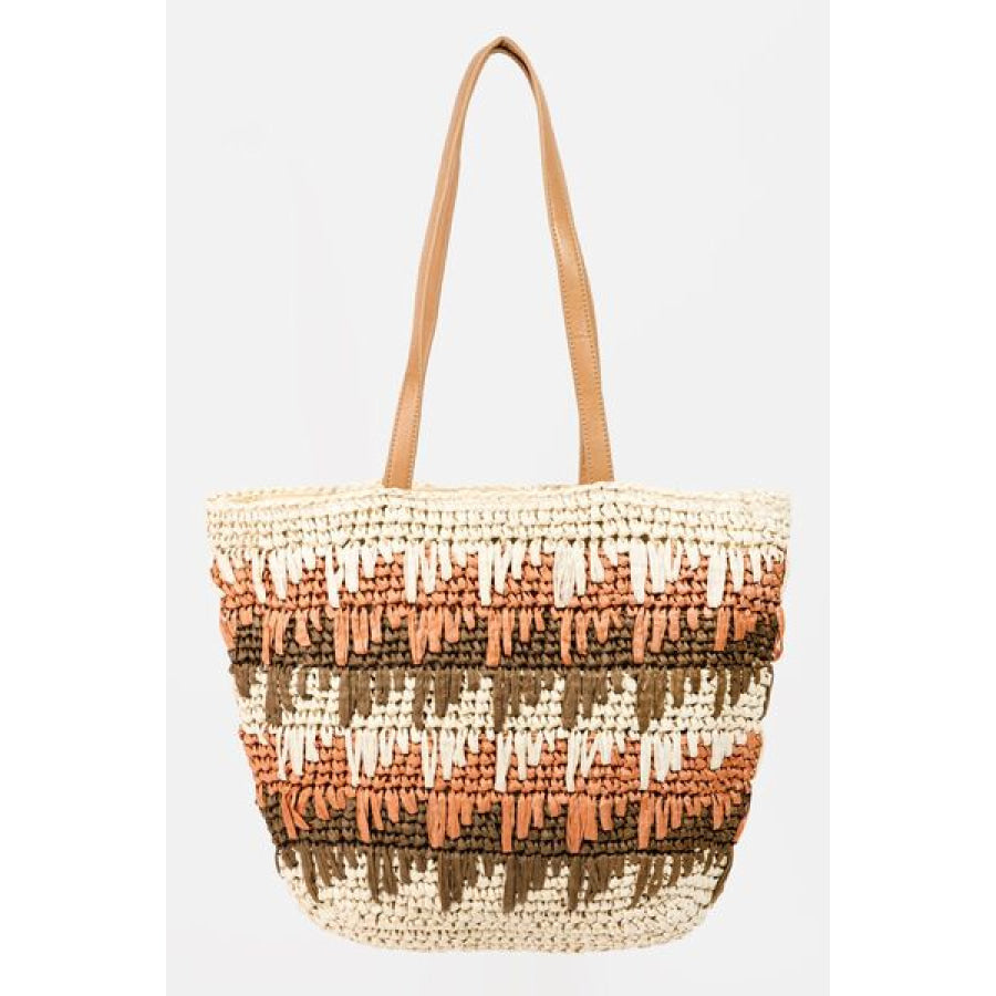 Fame Straw Braided Striped Tote Bag IV / One Size Apparel and Accessories