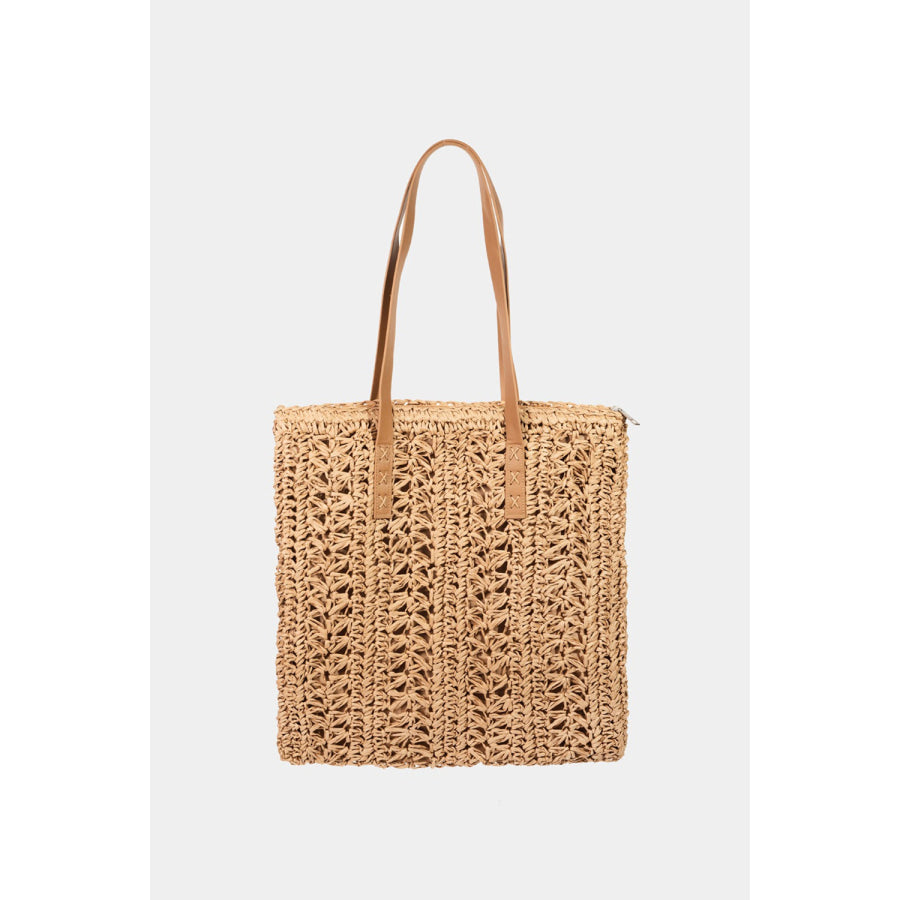 Fame Straw Braided Tote Bag Khaki / One Size Apparel and Accessories