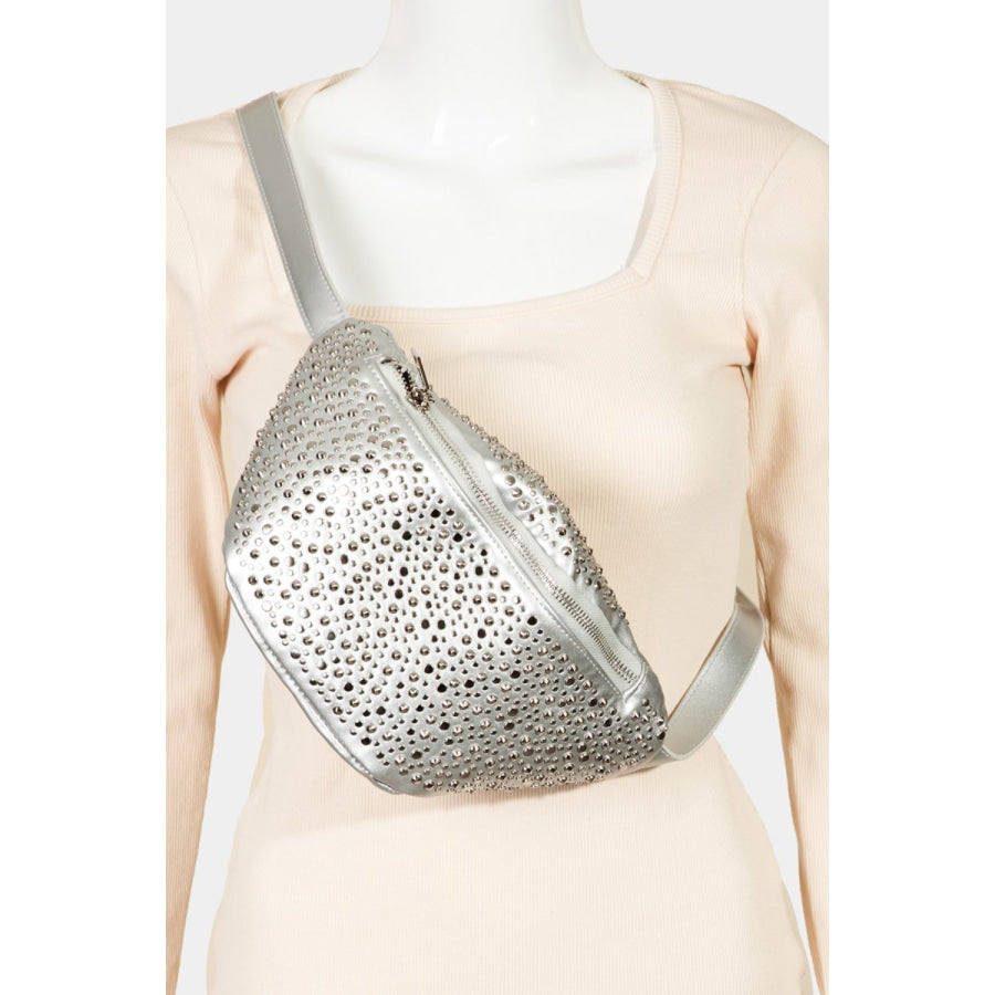 Fame Studded Crossbody Bag Silver / One Size Apparel and Accessories