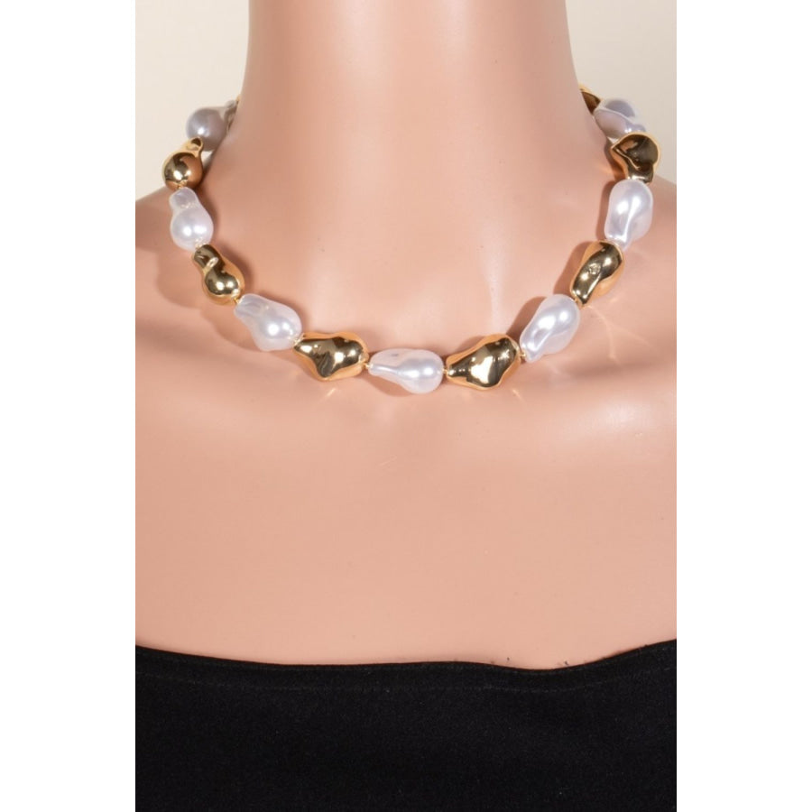 Fame Synthetic Pearl and Metallic Beaded Necklace Gold / One Size Apparel and Accessories