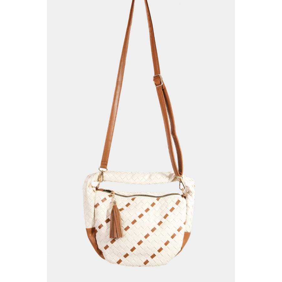 Fame Tassel Detail Weave Semi Circle Bag Apparel and Accessories