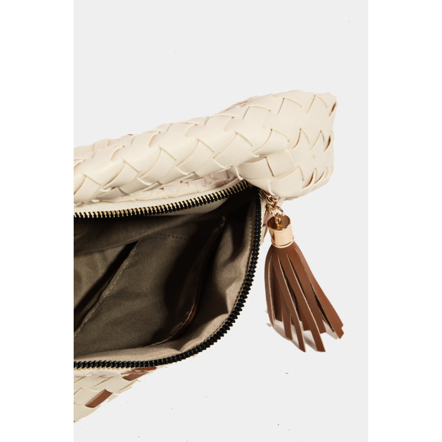 Fame Tassel Detail Weave Semi Circle Bag Apparel and Accessories