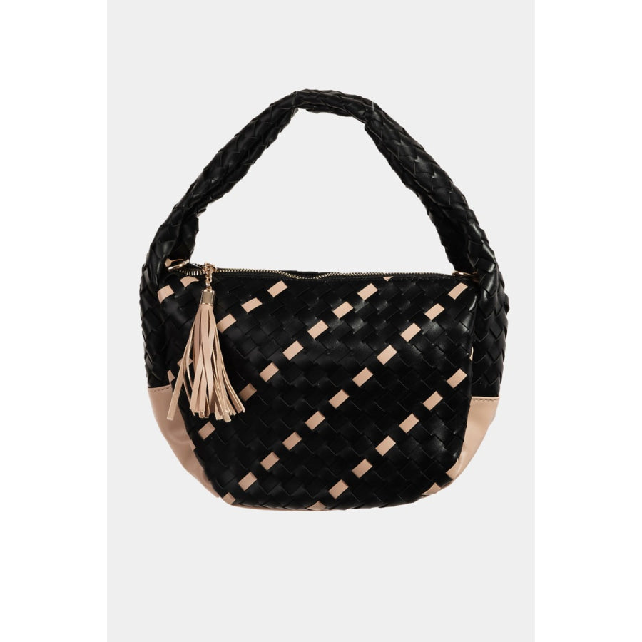 Fame Tassel Detail Weave Semi Circle Bag Black / One Size Apparel and Accessories