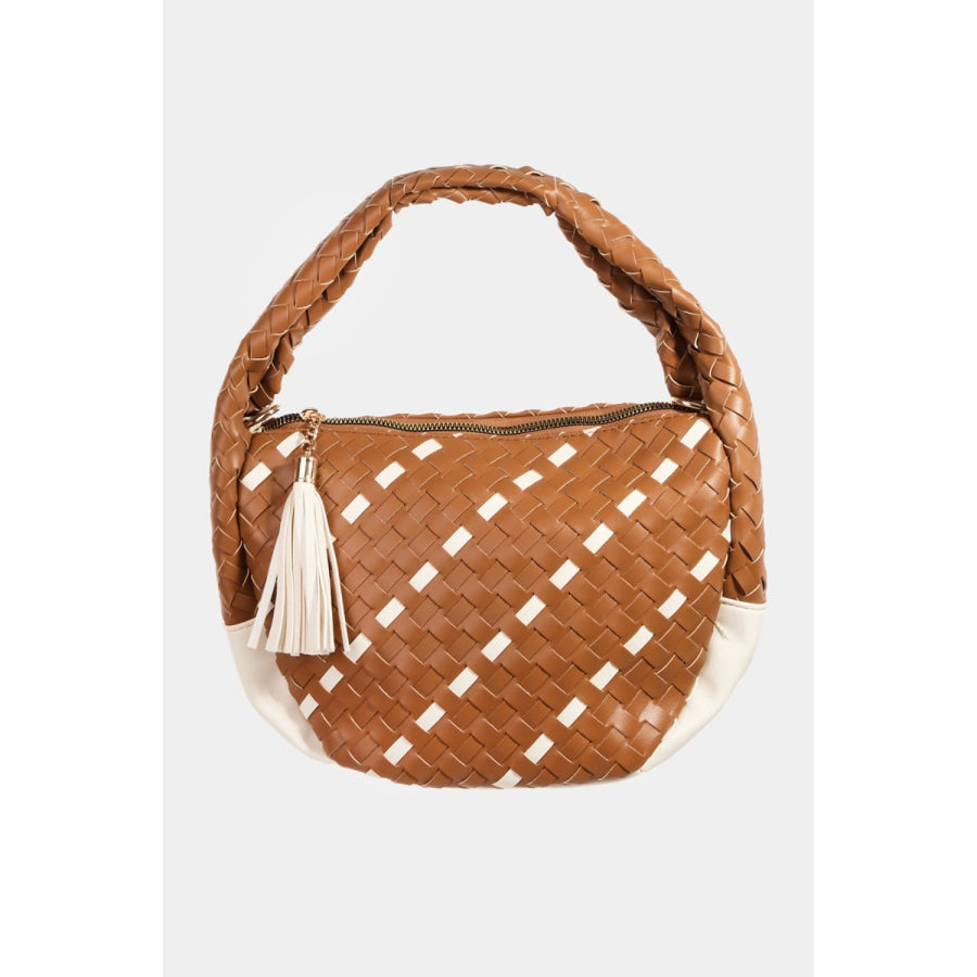 Fame Tassel Detail Weave Semi Circle Bag Brown / One Size Apparel and Accessories