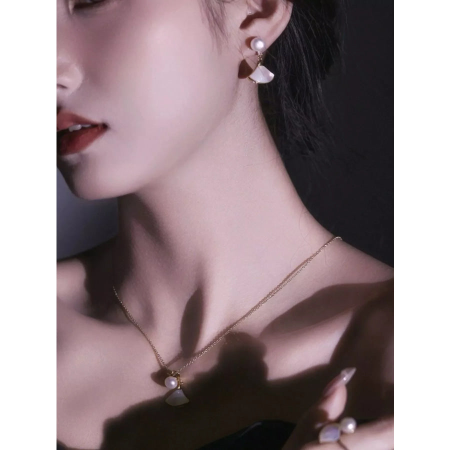 Fan-Shaped Pearl Drop Earrings Gold / One Size Apparel and Accessories