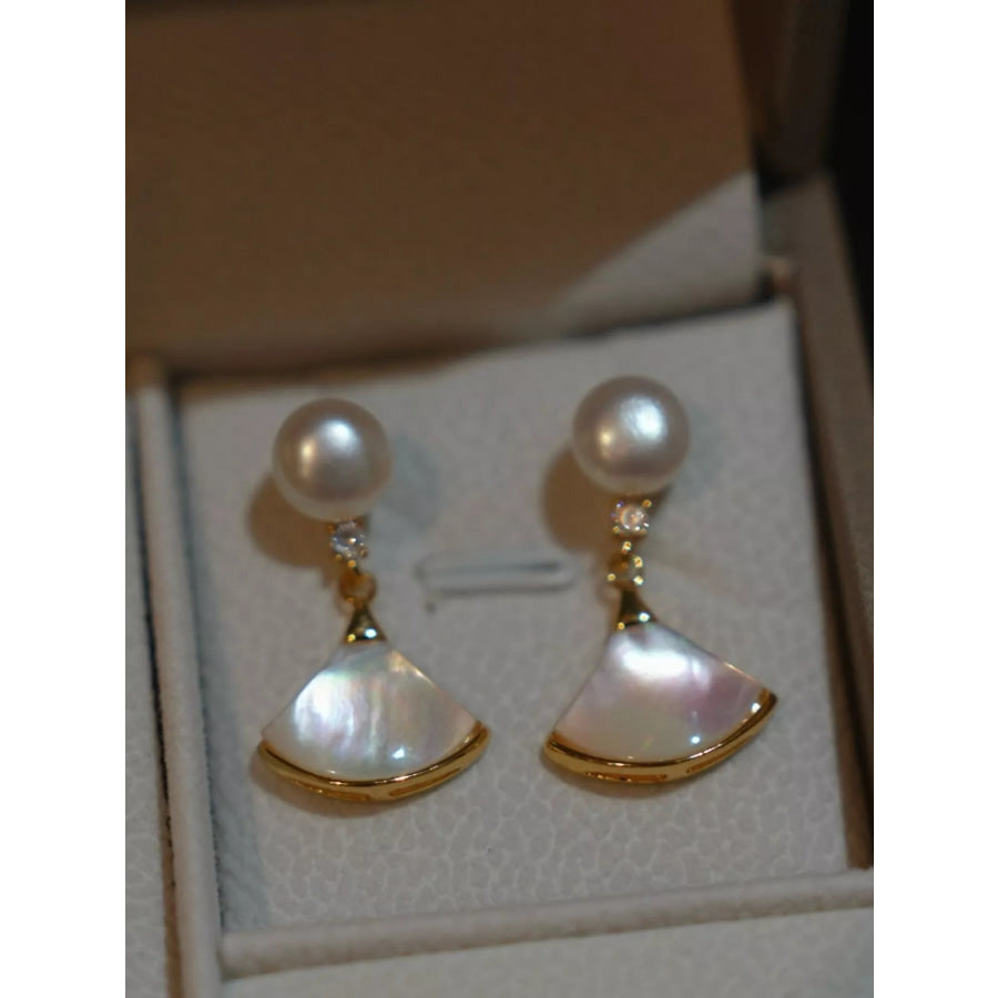 Fan-Shaped Pearl Drop Earrings Gold / One Size Apparel and Accessories