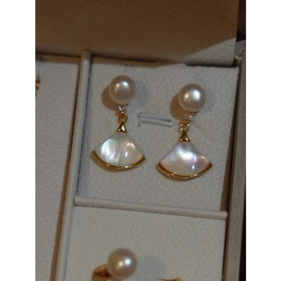 Fan-Shaped Pearl Drop Earrings Gold / One Size Apparel and Accessories