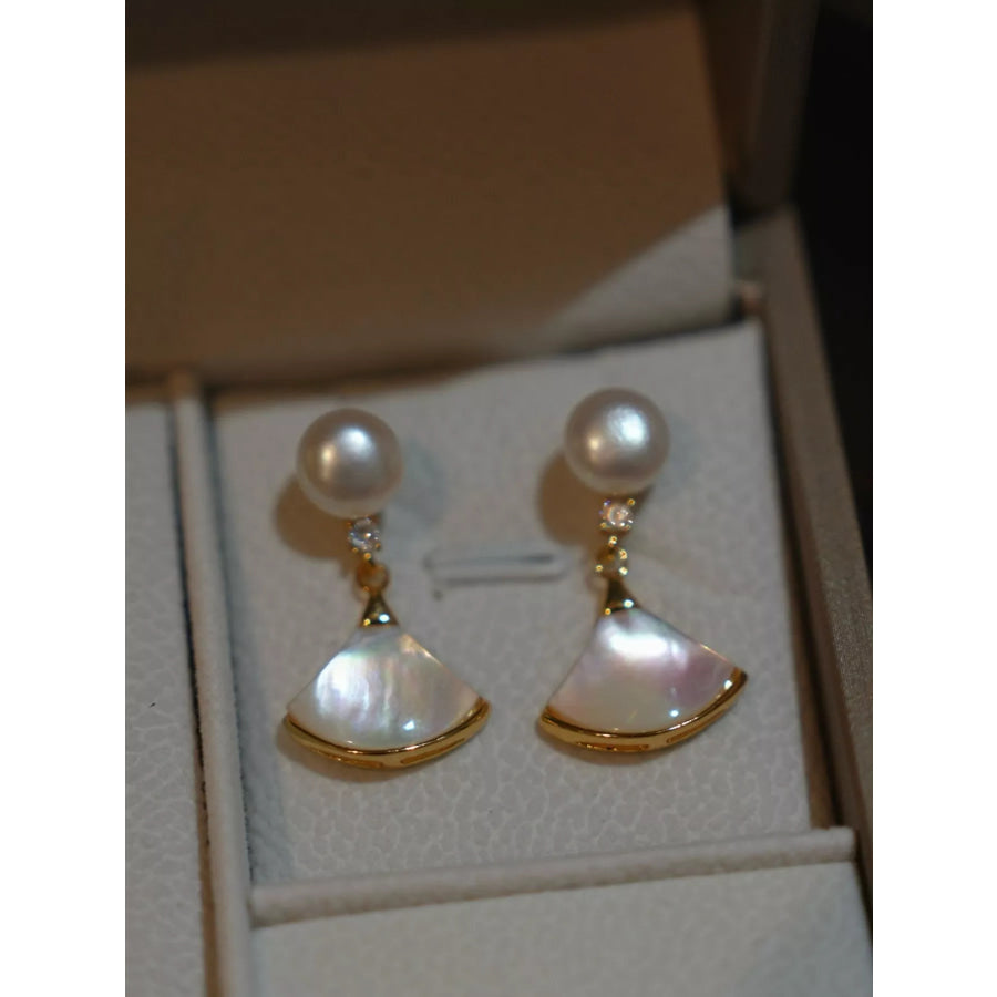 Fan-Shaped Pearl Drop Earrings Gold / One Size Apparel and Accessories