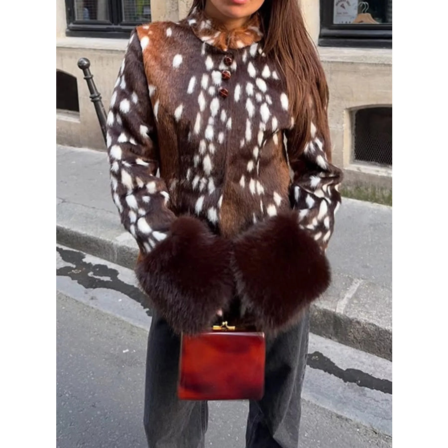 Faux Fur Animal Print Outerwear with Plush Cuffs Apparel and Accessories