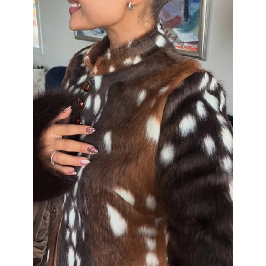 Faux Fur Animal Print Outerwear with Plush Cuffs Apparel and Accessories
