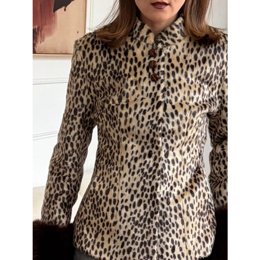 Faux Fur Animal Print Outerwear with Plush Cuffs Apparel and Accessories