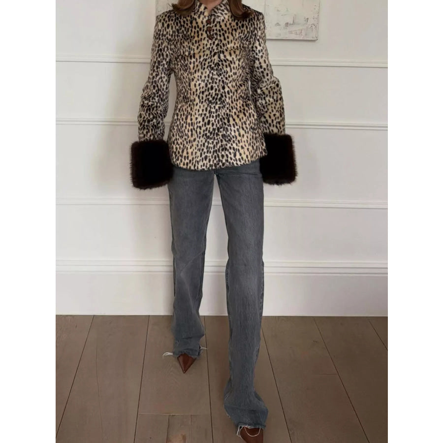 Faux Fur Animal Print Outerwear with Plush Cuffs Apparel and Accessories