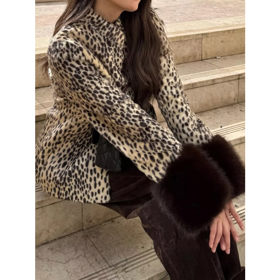Faux Fur Animal Print Outerwear with Plush Cuffs Apparel and Accessories