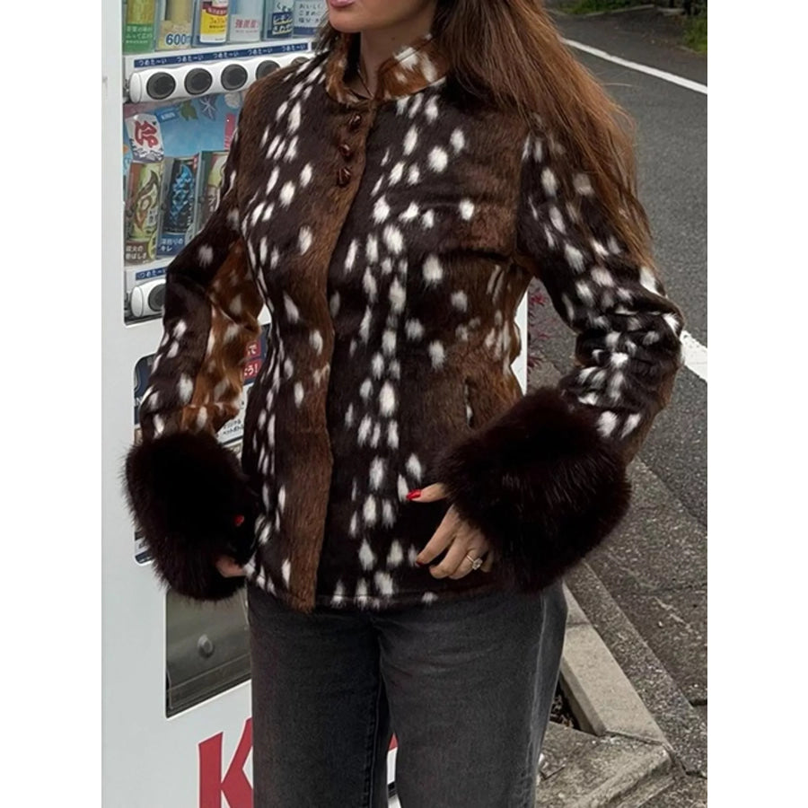 Faux Fur Animal Print Outerwear with Plush Cuffs Apparel and Accessories