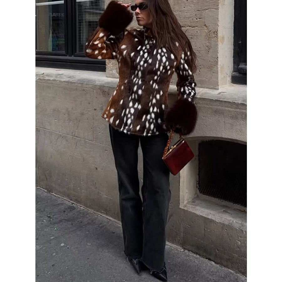 Faux Fur Animal Print Outerwear with Plush Cuffs Apparel and Accessories