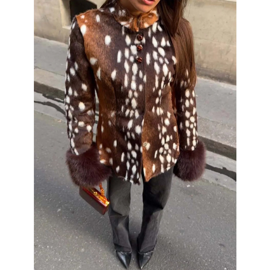 Faux Fur Animal Print Outerwear with Plush Cuffs / S Apparel and Accessories