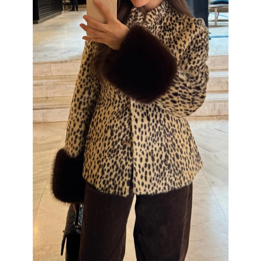 Faux Fur Animal Print Outerwear with Plush Cuffs Spots / S Apparel and Accessories
