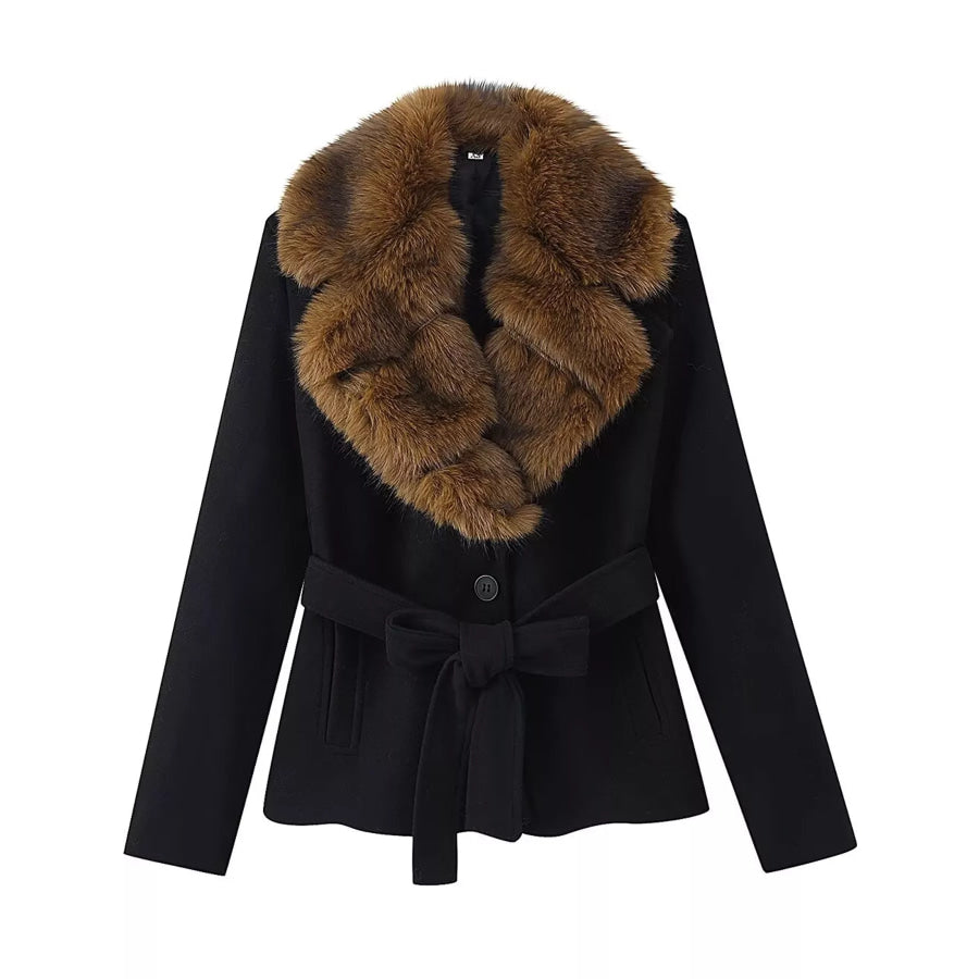 Faux Fur Collar Belted Outerwear Apparel and Accessories