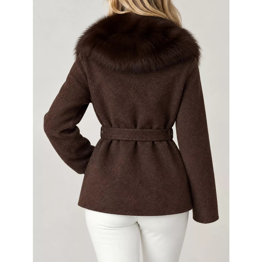 Faux Fur Collar Belted Outerwear Apparel and Accessories