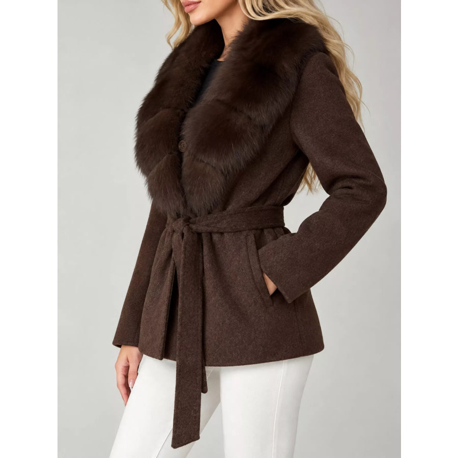 Faux Fur Collar Belted Outerwear Apparel and Accessories