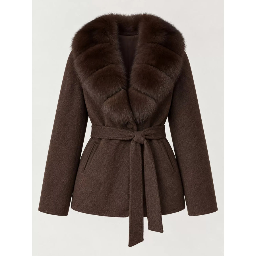 Faux Fur Collar Belted Outerwear Apparel and Accessories
