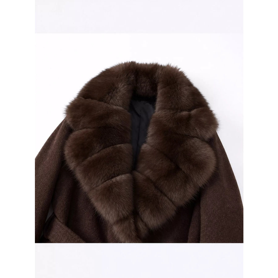 Faux Fur Collar Belted Outerwear Apparel and Accessories