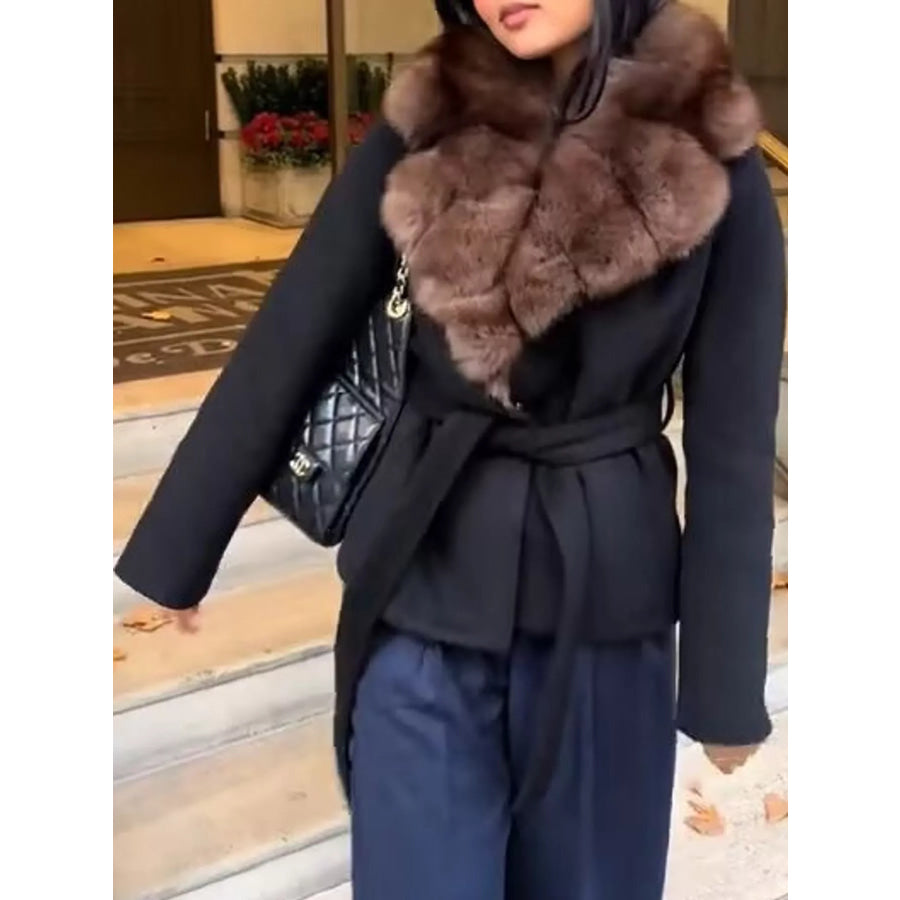 Faux Fur Collar Belted Outerwear Apparel and Accessories