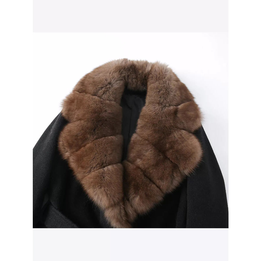 Faux Fur Collar Belted Outerwear Apparel and Accessories