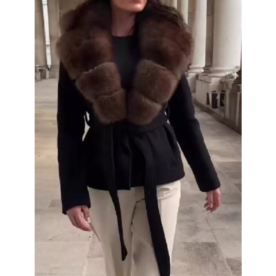 Faux Fur Collar Belted Outerwear Black / XS Apparel and Accessories