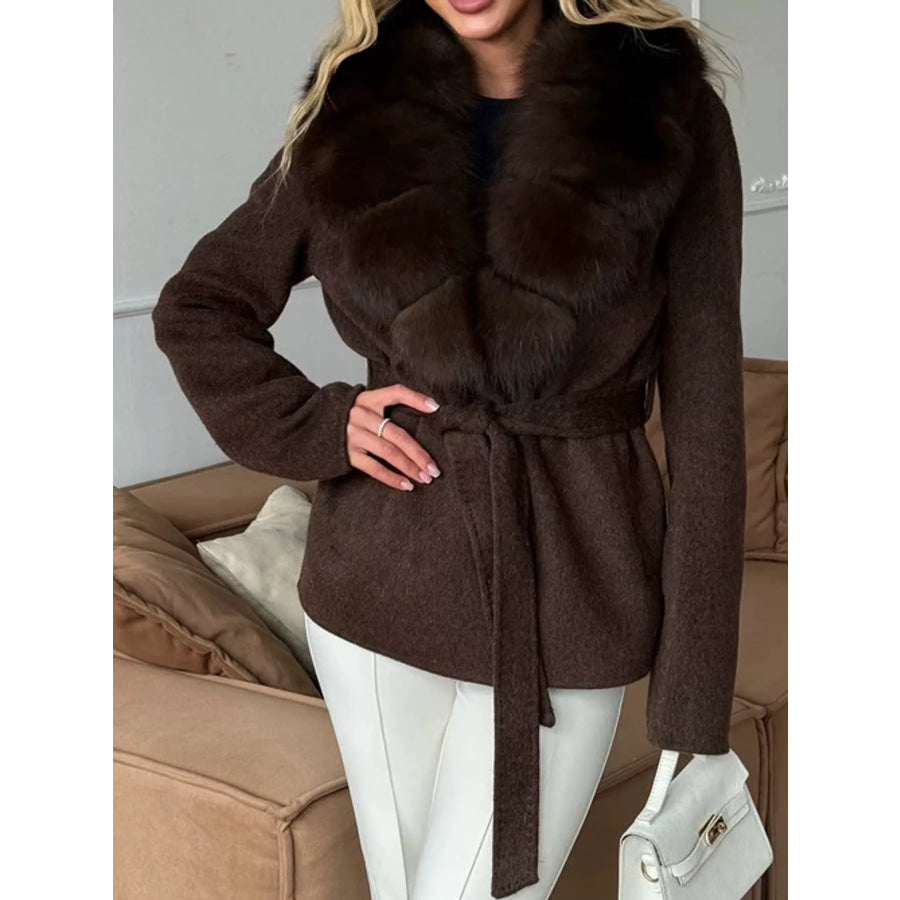 Faux Fur Collar Belted Outerwear Coffee / XS Apparel and Accessories