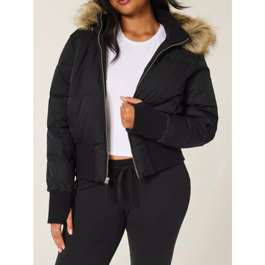 Faux Fur Hooded Puffer Outerwear Black / S Apparel and Accessories