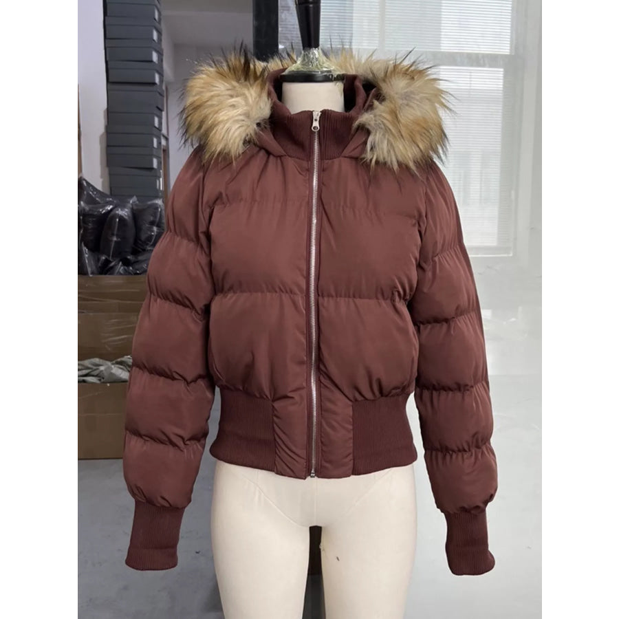 Faux Fur Hooded Puffer Outerwear Brown / S Apparel and Accessories
