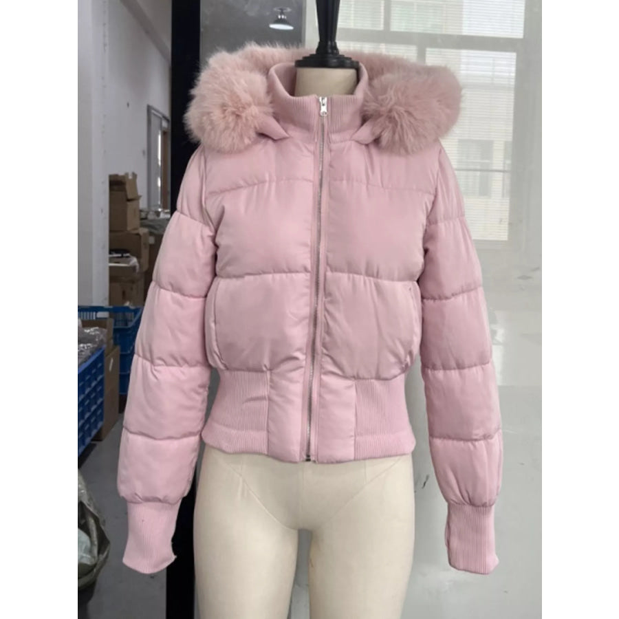 Faux Fur Hooded Puffer Outerwear Pink / S Apparel and Accessories