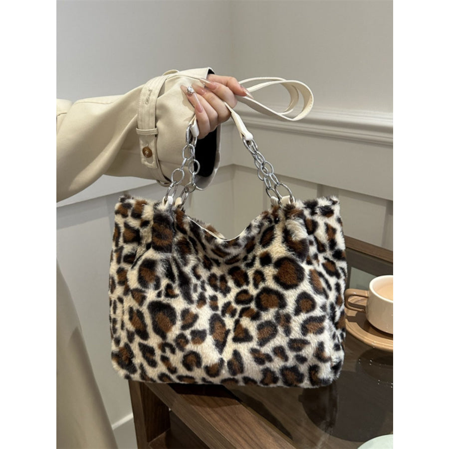 Faux Fur Leopard Shoulder Bag Beige / One Size Apparel and Accessories