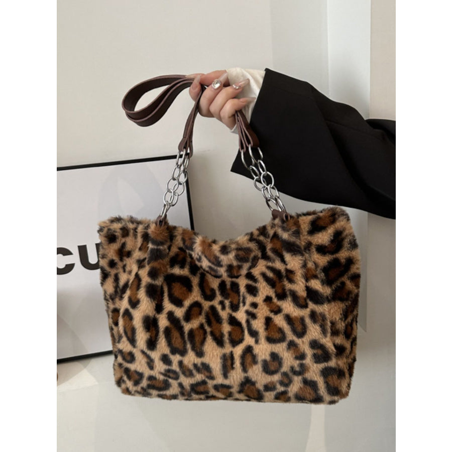 Faux Fur Leopard Shoulder Bag Brown / One Size Apparel and Accessories