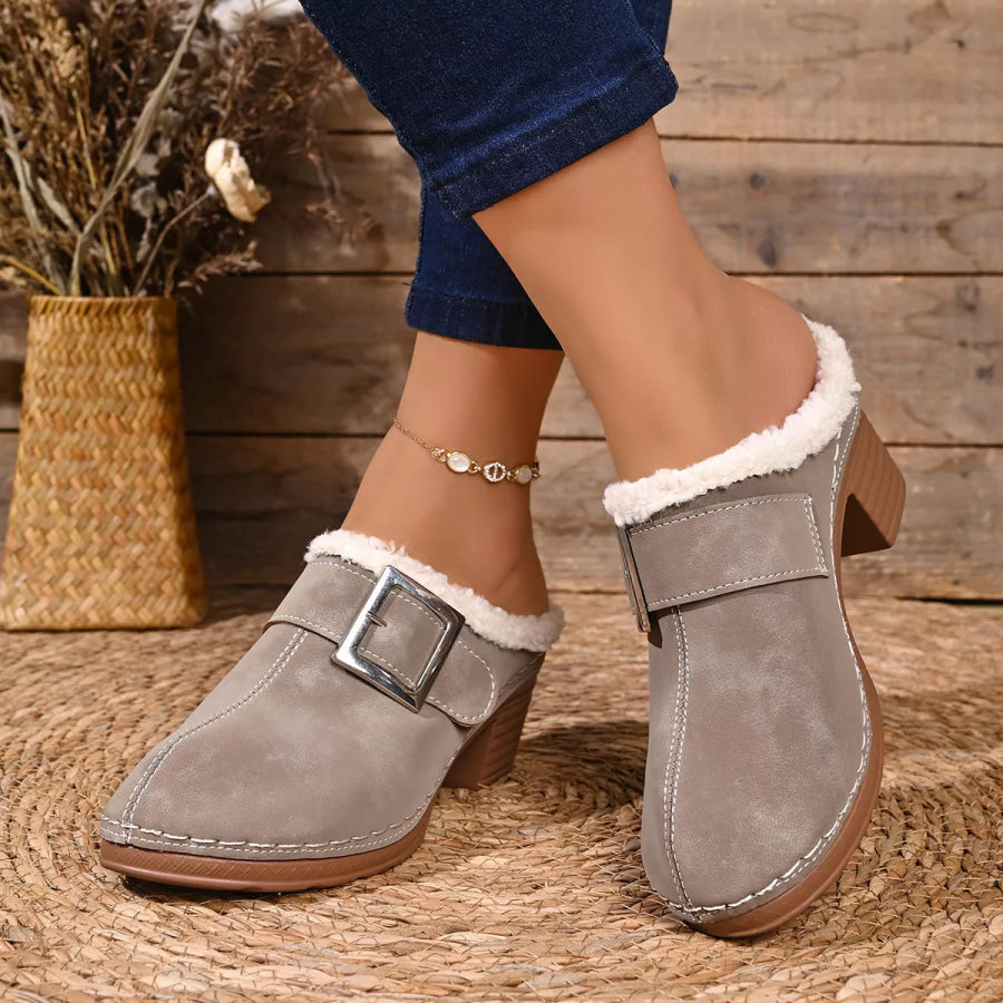 Faux Fur Lined Block Heel Shoes Apparel and Accessories