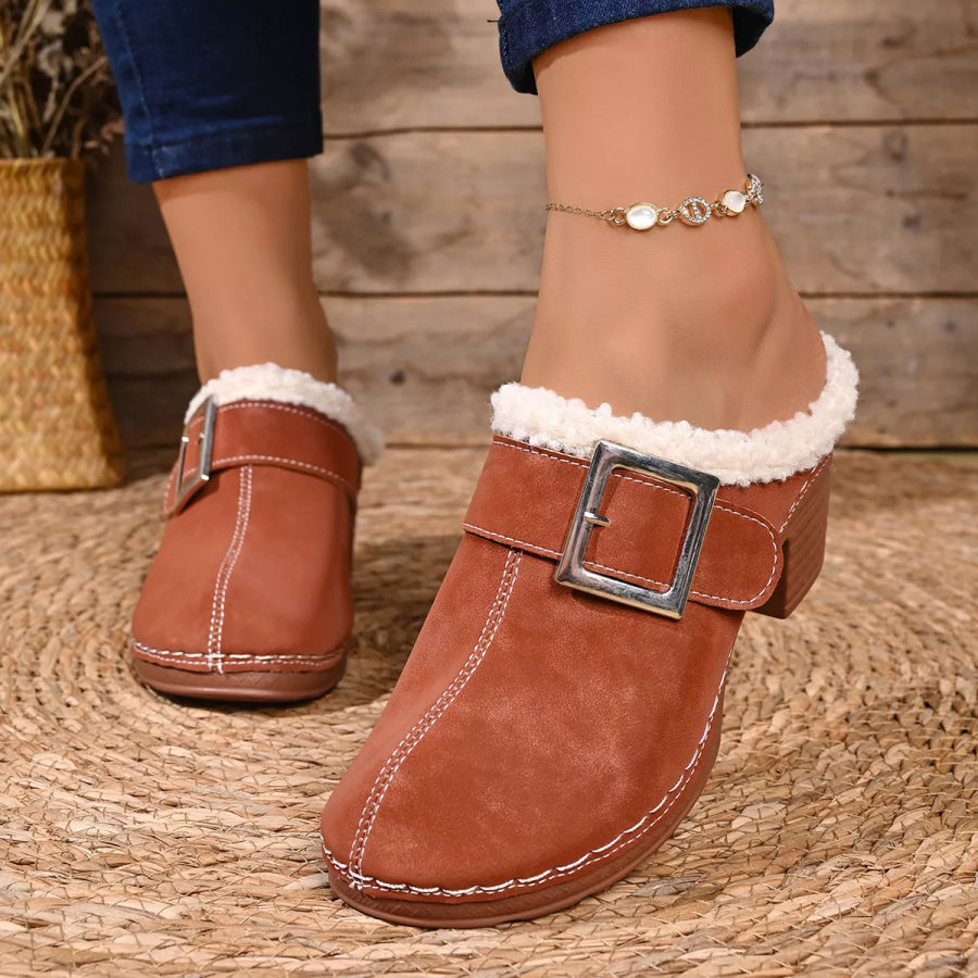 Faux Fur Lined Block Heel Shoes Apparel and Accessories