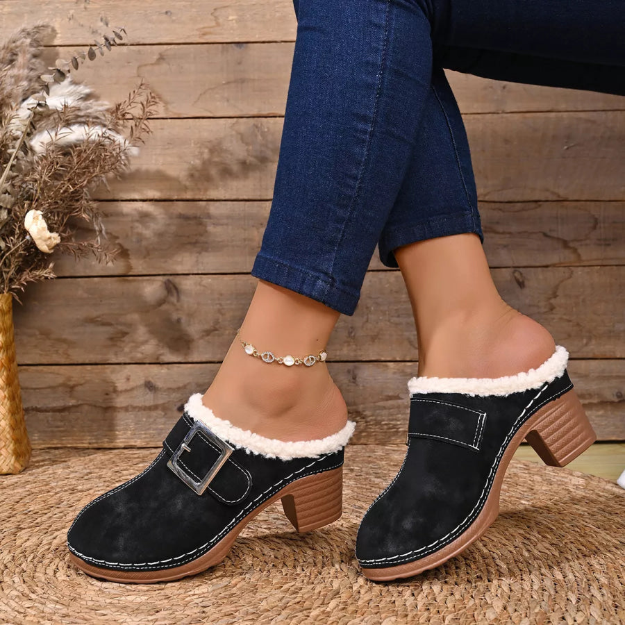 Faux Fur Lined Block Heel Shoes Apparel and Accessories