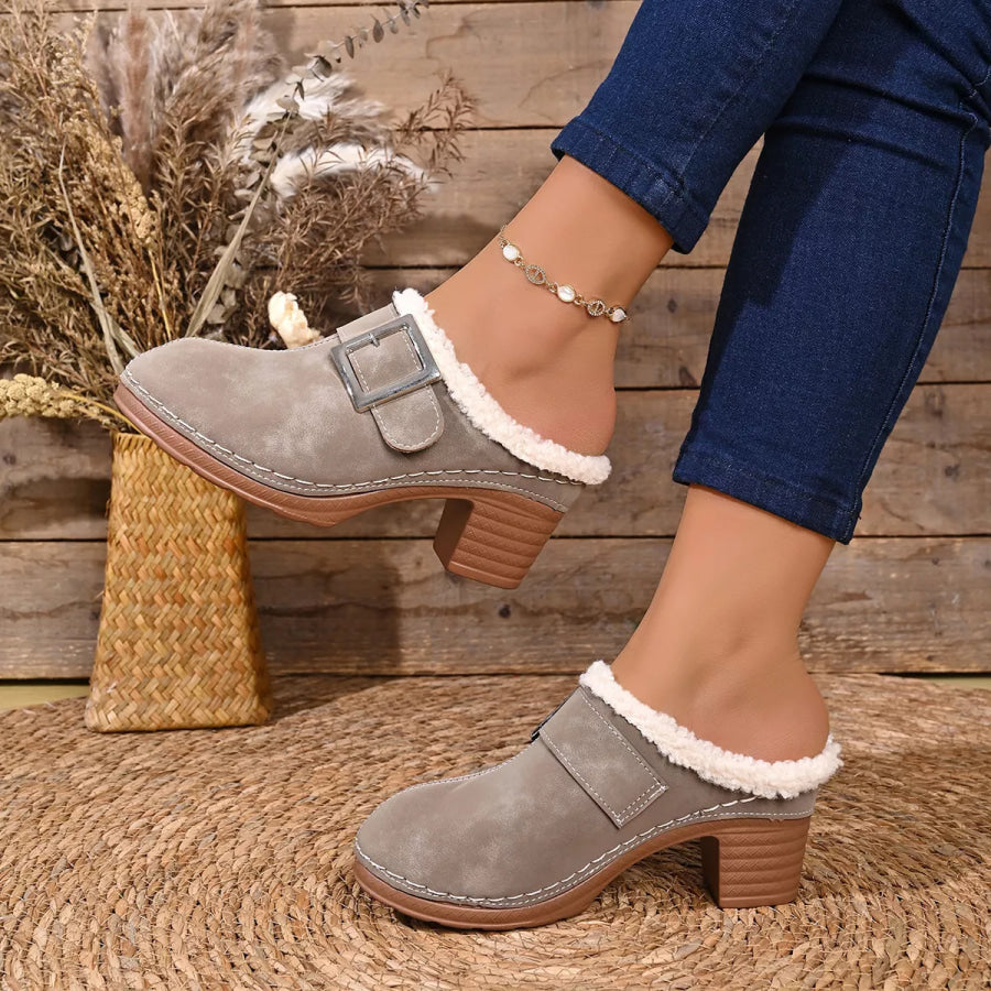 Faux Fur Lined Block Heel Shoes Apparel and Accessories