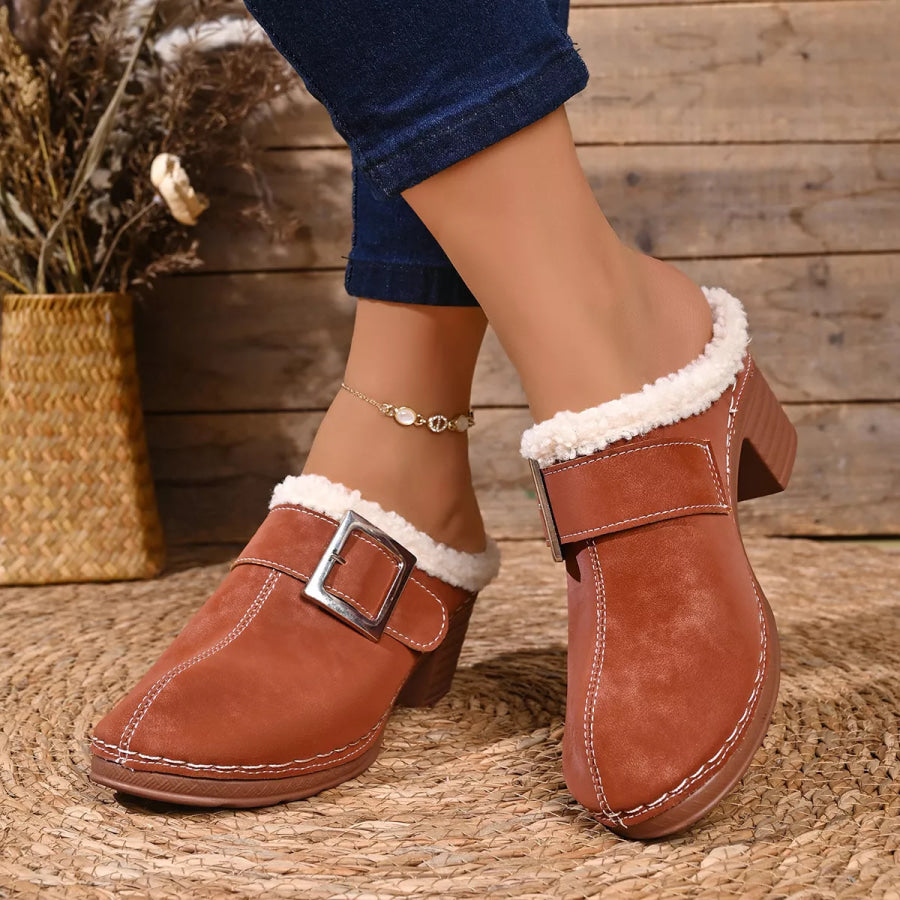Faux Fur Lined Block Heel Shoes Apparel and Accessories