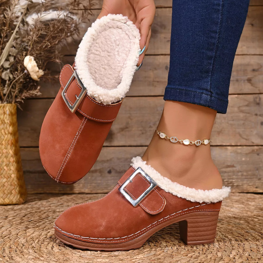 Faux Fur Lined Block Heel Shoes Apparel and Accessories