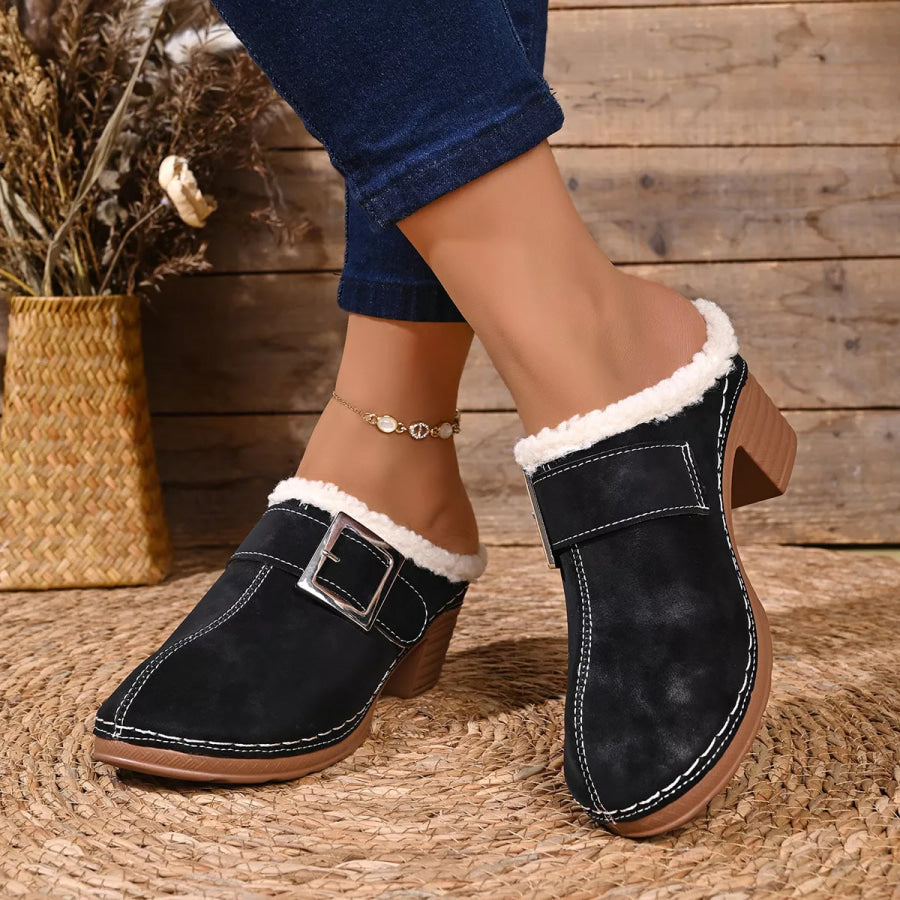 Faux Fur Lined Block Heel Shoes Apparel and Accessories