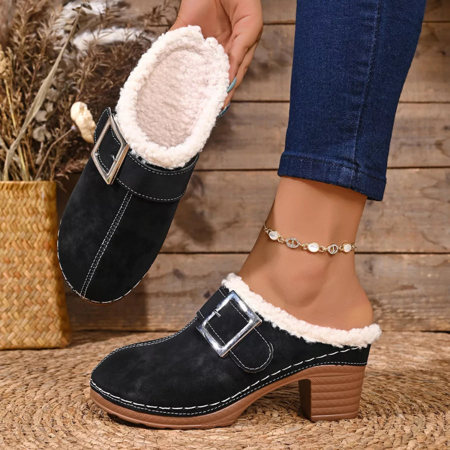 Faux Fur Lined Block Heel Shoes Apparel and Accessories